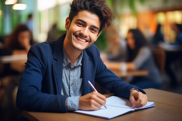 Indian boy student sitting in class writing something and smiling