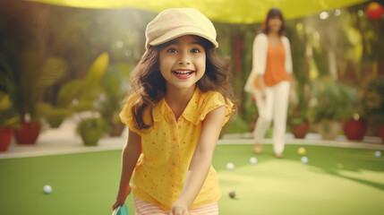 Cute little girl playing mini golf at park