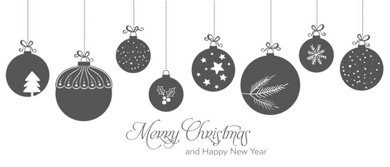 Hanging baubles garland with christmas icons and greetings text, Merry Christmas and Happy New Year - 668968241
