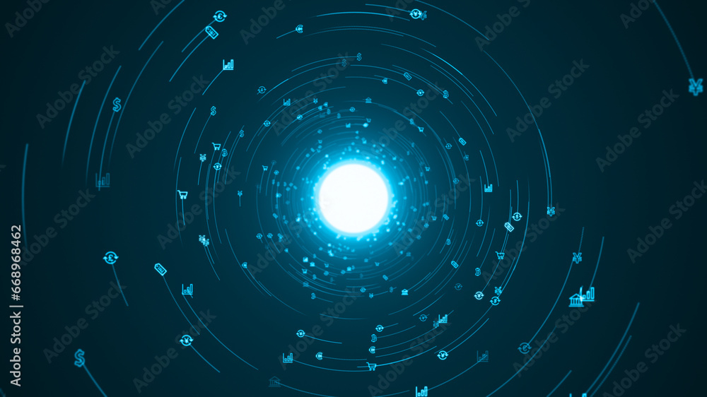 Poster blue money icons floating rotation in circle like in space with abstract background crypto currency 