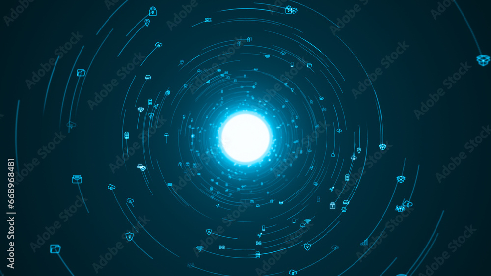 Poster blue technology icons floating rotation in circle like in space with abstract background