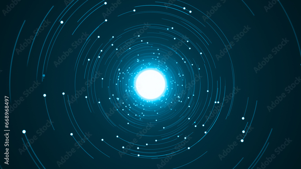 Poster blue digital dot technology floating rotation in circle like in space with abstract background