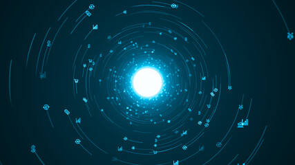 Blue money icons floating rotation in circle like in space with abstract background crypto currency finance and digital money concepts