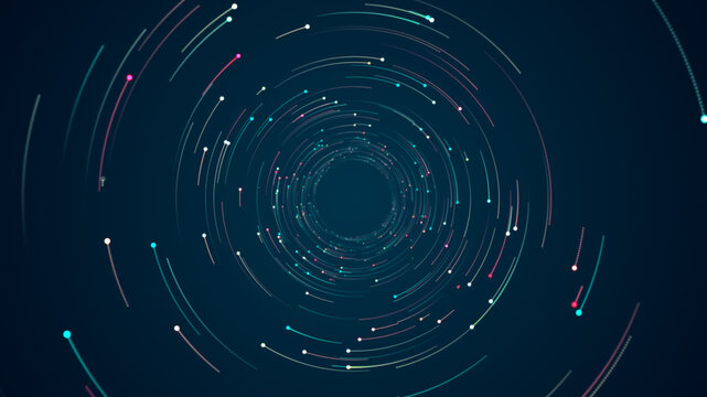 Colorful digital dot technology floating rotation in circle like in space with abstract background