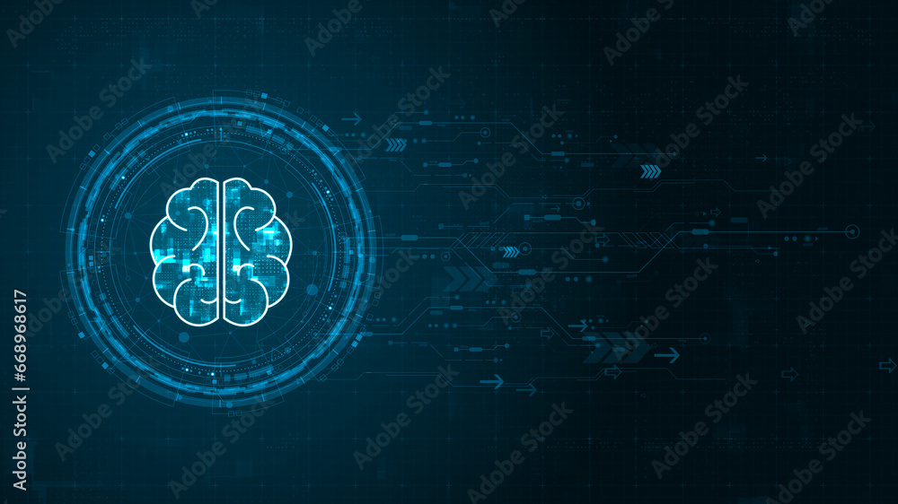 Poster blue digital robot brain logo and circle futuristic hud elements with flowing arrows with ai chatbot
