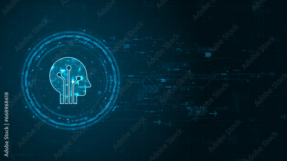 Poster blue digital robot head logo and circle futuristic hud elements with flowing arrows with ai chatbot 