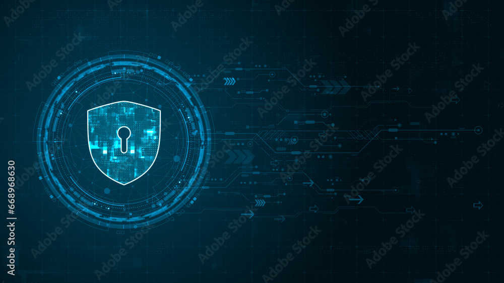 Poster blue digital security shield logo and circle futuristic hud elements with flowing arrows with networ