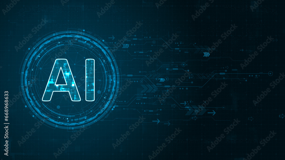 Poster blue digital ai letter and circle futuristic hud elements with flowing arrows with ai chatbot and ma