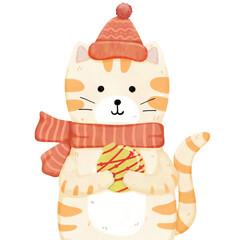 Orange cat wearing scarf and beanie hat holding yellow Christmas ball