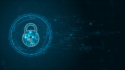 Blue digital security key logo and circle futuristic HUD elements with flowing arrows with network firewall technology and data secure concepts on abstract background