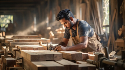 Indian carpenter working at his shop or factory - obrazy, fototapety, plakaty