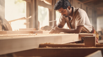 Indian carpenter working at his shop or factory