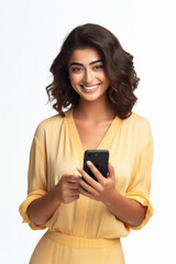 Fototapeta premium Young indian woman holding smartphone and smiling on white background.