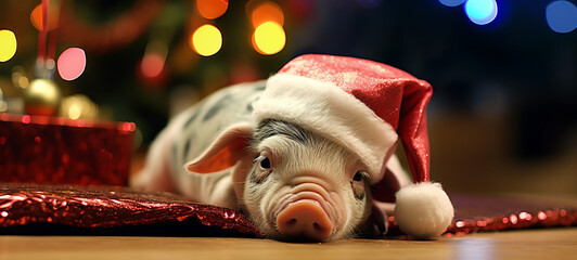 Santa pig by Christmas tree - obrazy, fototapety, plakaty