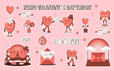 Set of stickers Groovy lovely cartoon characters Heart and elements. Retro Happy Valentines Day. Trendy retro 60s 70s style. Red, pink colors. Vector