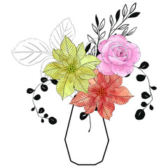 Flower in vase doodle illustration including different floral bouquets. Hand drawn cute line art about plants in interior. Modern abd minimal blooming