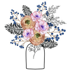 Flower in vase doodle illustration including different floral bouquets. Hand drawn cute line art about plants in interior. Modern abd minimal blooming