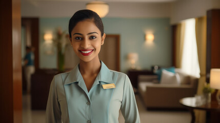 Happy indian female chambermaid or housekeeper. - Powered by Adobe