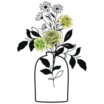 recommend clip art: Flower in vase doodle illustration including different floral bouquets. Hand drawn cute line art about plants in interior. Modern abd minimal blooming