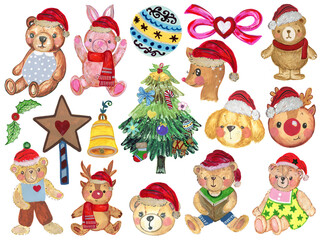 Obraz na płótnie Canvas Doodle cute animal watercolor illustration character toy doll ad dessert in holiday merry christmas festive celebrate collection isolated