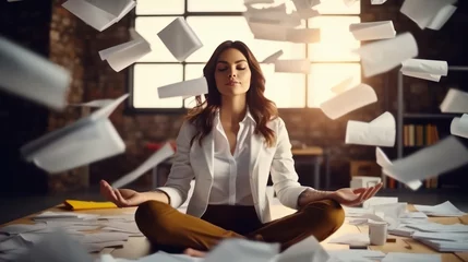 Deurstickers Corporate woman in meditation at office © Niks Ads