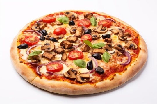 Photo of a delicious Italian pizza with toppings on a clean white surface. Generative AI