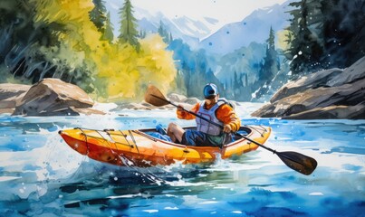 A man paddling a canoe down a river