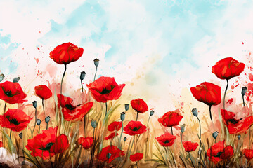 Red poppies' banner, a field in remembrance - obrazy, fototapety, plakaty