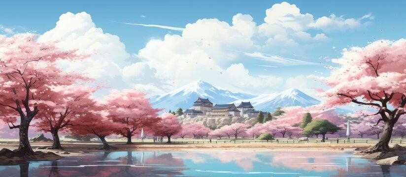 Depiction of a school and cherry blossom trees in a landscape