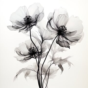 abstract poppies petals, black and white illustration.