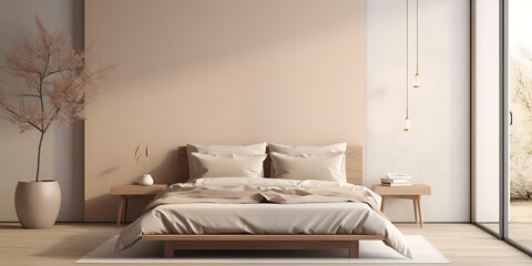 Fototapeta na wymiar Cozy and Modern Bedroom with White Comforter and Wooden Headboard , 