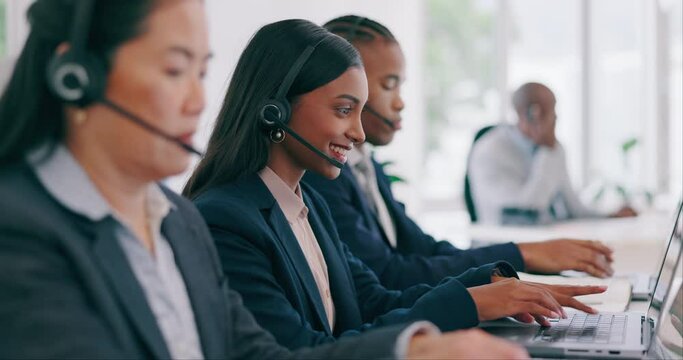 Customer support, laptop video call and business woman speaking on lead generation, outsourcing or help desk. Web conference, headset or Indian agent discussion, telecom and talk on bank conversation