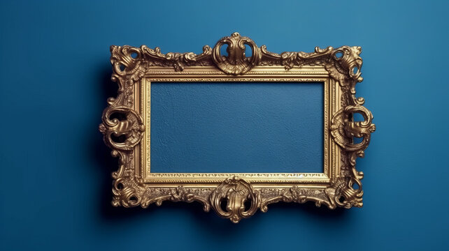Antique frame on royal blue wall, dark lighting,generative ai