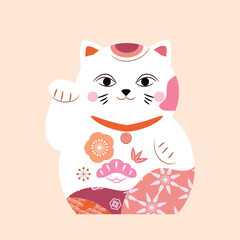 Awesome maneki-neko cat   for prints  Modern cute japanese template design with lucky charms - Maneki Neko Vector flat trendy illustration