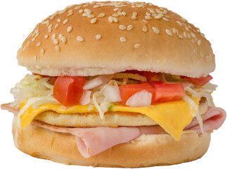 Isolated hamburger with meat and vegetables