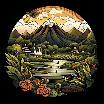 logo illustration of a village and mountains which symbolize peace with vintage design