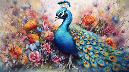 Watercolor Painting of Peacock on Flower.generative ai - obrazy, fototapety, plakaty