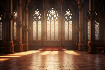 Inside of a gothic cathedral with wooden floor and carved stone - Powered by Adobe