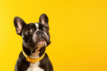 Cute bull dog looking surprised sitting on yellow background, closeup, copy space