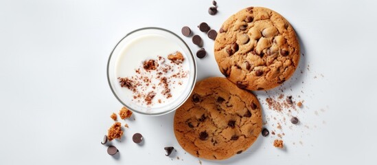 Top view of homemade chocolate chip cookies with salty milk and a marble backdrop Food styling photograph - obrazy, fototapety, plakaty