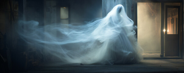 Elegant feminine ethereal ghost in a haunted house - obrazy, fototapety, plakaty