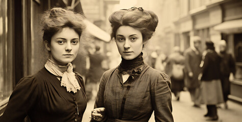 Two young women standing on a street in an old European city. Vintage 1900s style street photography.