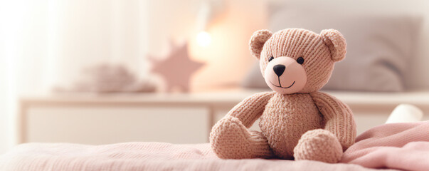 A cute knitted bear on a bed in bedroom - obrazy, fototapety, plakaty