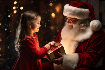 A smiling little girl receiving a gift from Santa Claus