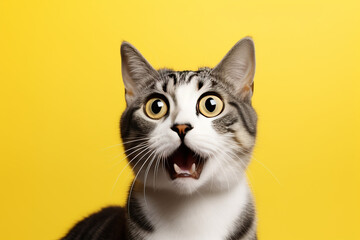 Obraz premium Cute cat looking surprised on yellow background, closeup, copy space