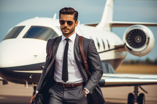 A young business man in suit in front of a private business jet