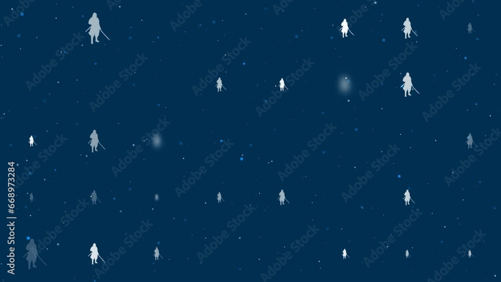 Poster template animation of evenly spaced samurai symbols of different sizes and opacity. animation of tra