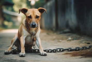 Abused dog locked in chains. Lonely sad homeless puppy dog. Generate ai - obrazy, fototapety, plakaty