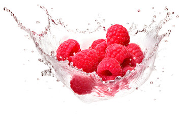 water splash with raspberries isolated on white background