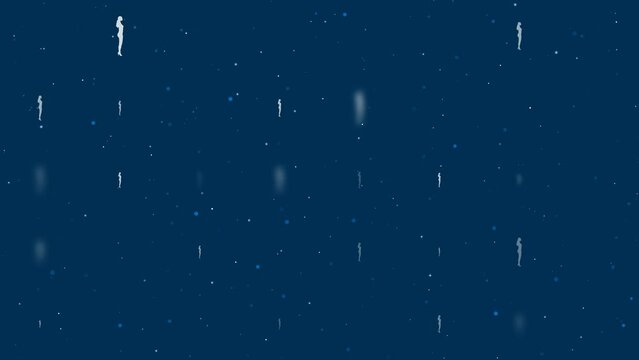 Template animation of evenly spaced woman silhouettes of different sizes and opacity. Animation of transparency and size. Seamless looped 4k animation on dark blue background with stars